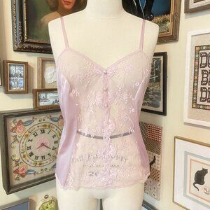 80s Vintage Sheer Lilac Lace Nylon Camisole Top with Adjustable Straps Size XL